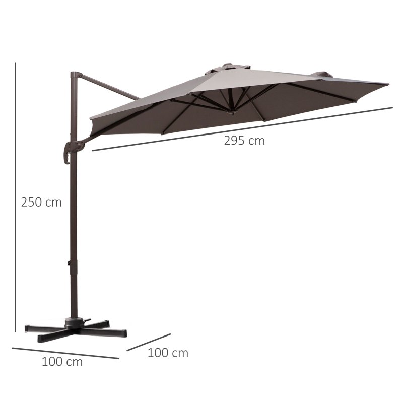 Outsunny 3M Cantilever Parasol, Hanging Garden Umbrella Sun Shade with 360 Rotation, Aluminium Frame, Cross Base, Hand Crank, Grey