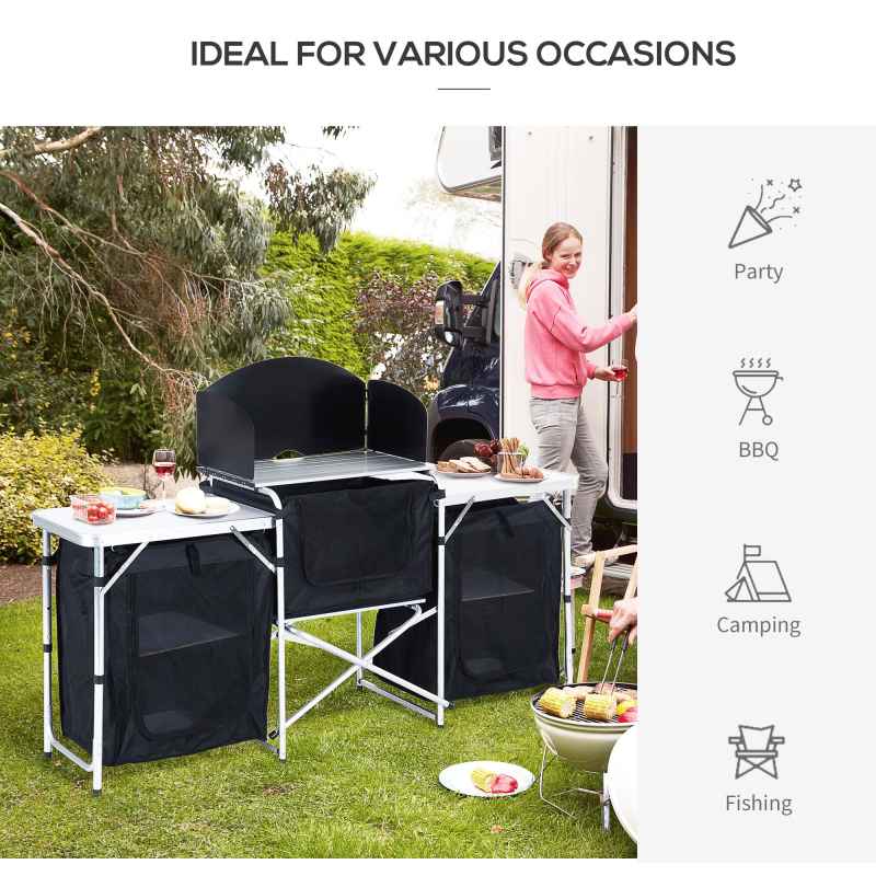 Outsunny Portable Camping Kitchen with Aluminium Frame, Fold-Up Cooking Table With Windscreen and 3 Enclosed Cupboards for BBQ, Party, Picnic, Black