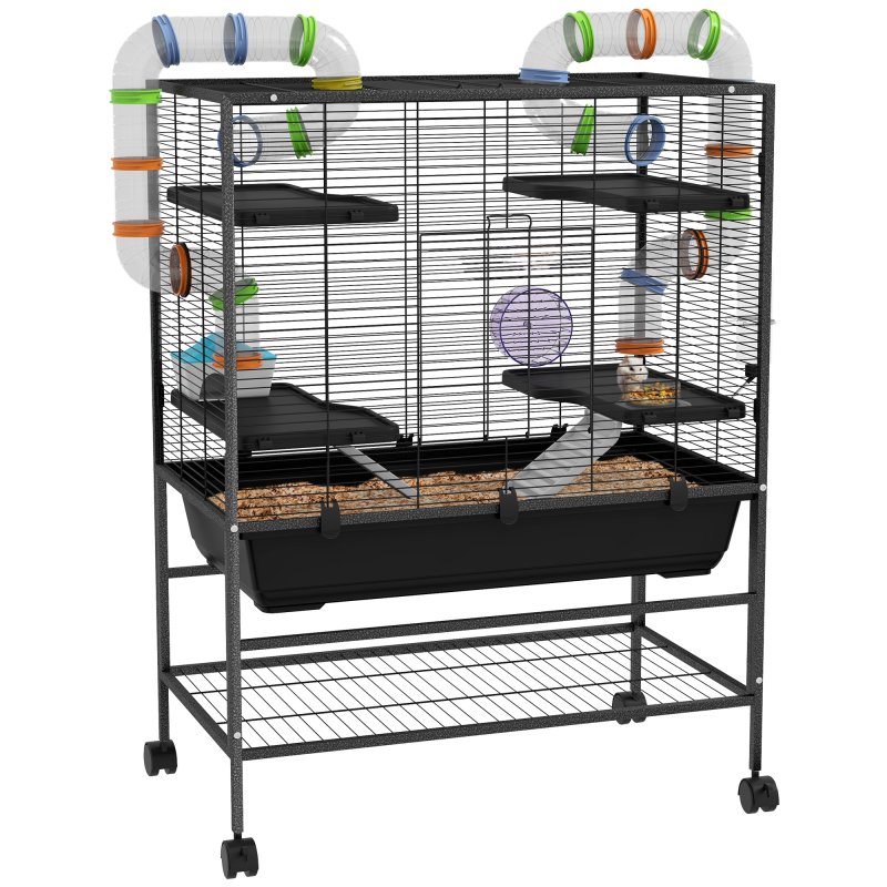 PawHut Large Hamster Cage, Gerbil Cage with Wheels, Tubes, Storage Shelf, Ramps, Running Wheel, Food Dish, Water Bottle, for Syrian Hamster - Black