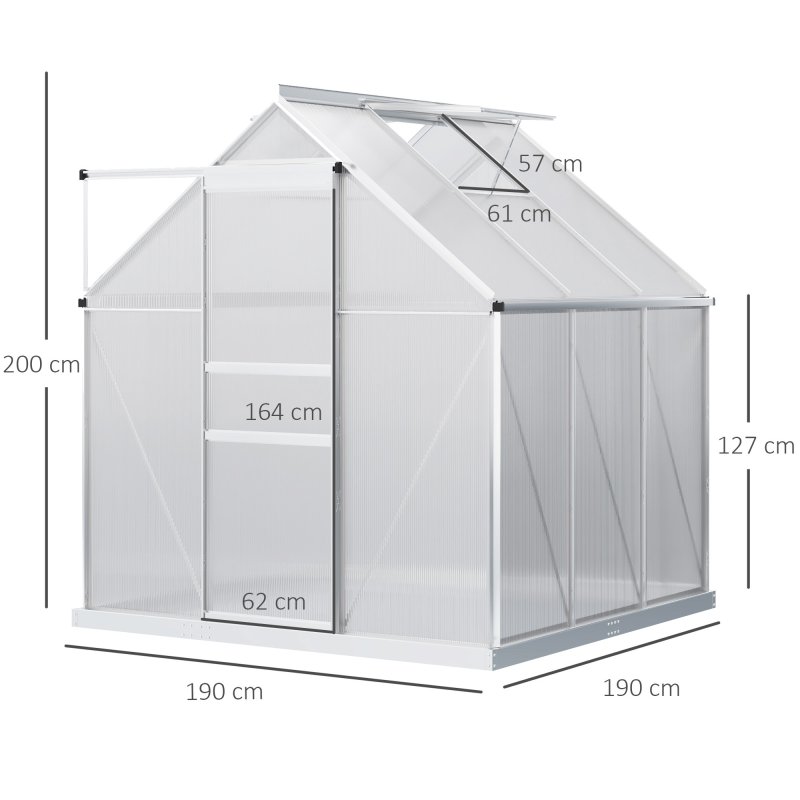 Outsunny Polycarbonate Greenhouse, Small Greenhouse with Adjustable Roof Vent, Garden Green House with Galvanised Base, Sliding Door and Rain Gutter, 190 x 190 x 200 cm, Silver Tone