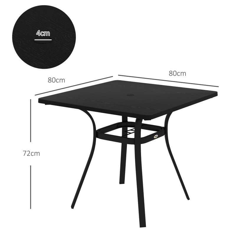 Outsunny Garden Dining Table, Outdoor Square Coffee Table with Wood Grain Effect Steel Tabletop, Parasol Hole and Foot Pads for Balcony, Porch, Black