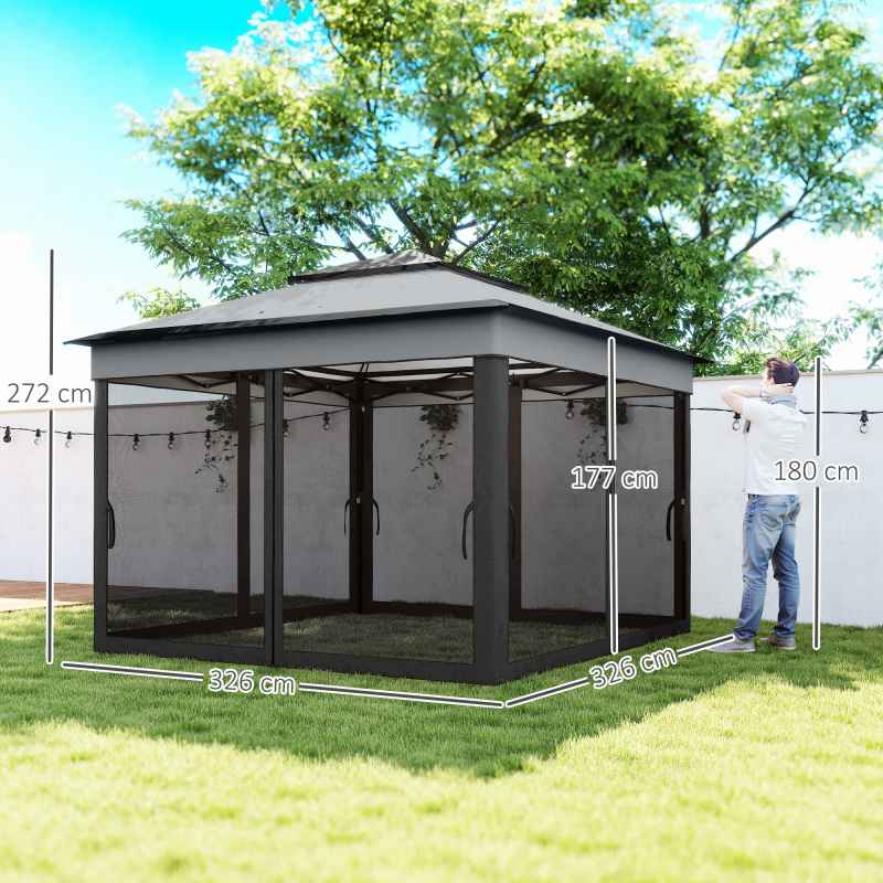 Outsunny 3 x 3(m) Pop Up Gazebo with Netting and Carrying Bag, Party Tent Instant Event Shelter, Height Adjustable and UV-Resistant, for Garden, Patio, Grey