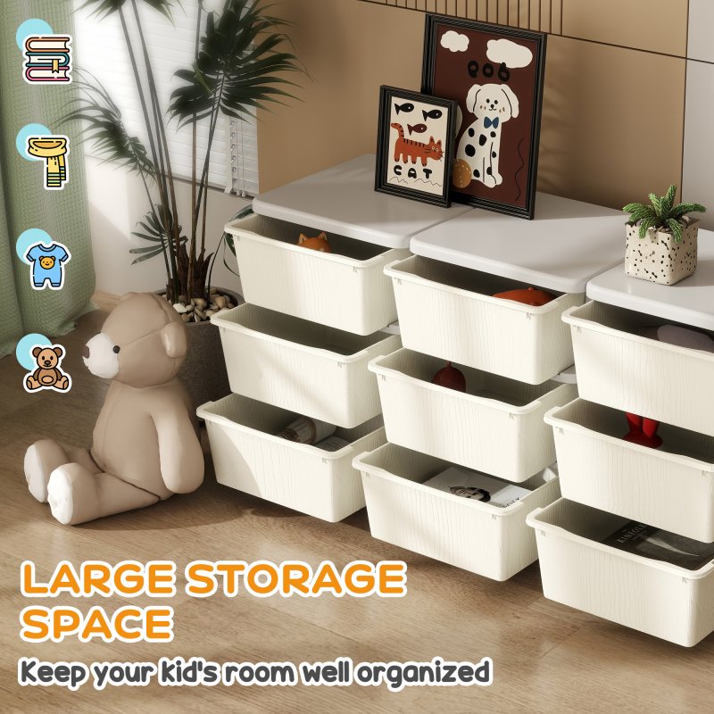 HOMCOM Kids Storage Units with 9 Drawers 3 Tier Chest Vertical Dresser Tower Toy Organiser for Nursery Playroom Kindergarten Cream