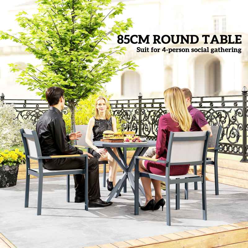 Outsunny Garden Table, 85cm Round Outdoor Dining Table with Steel Frame, Wood Effect Top, for Balcony, Deck, Dark Grey