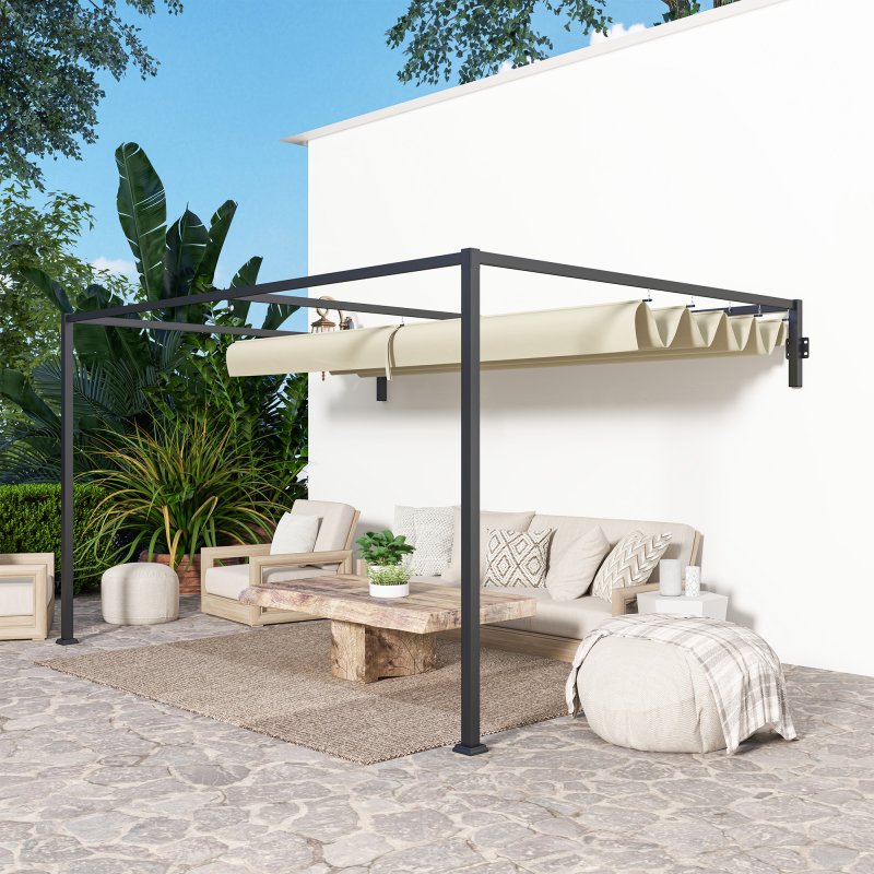Outsunny 3 x 4m Lean To Pergola with Retractable Roof, Wall Mounted Garden Gazebo Outdoor Sun Shade Shelter for Patio, Deck, Khaki