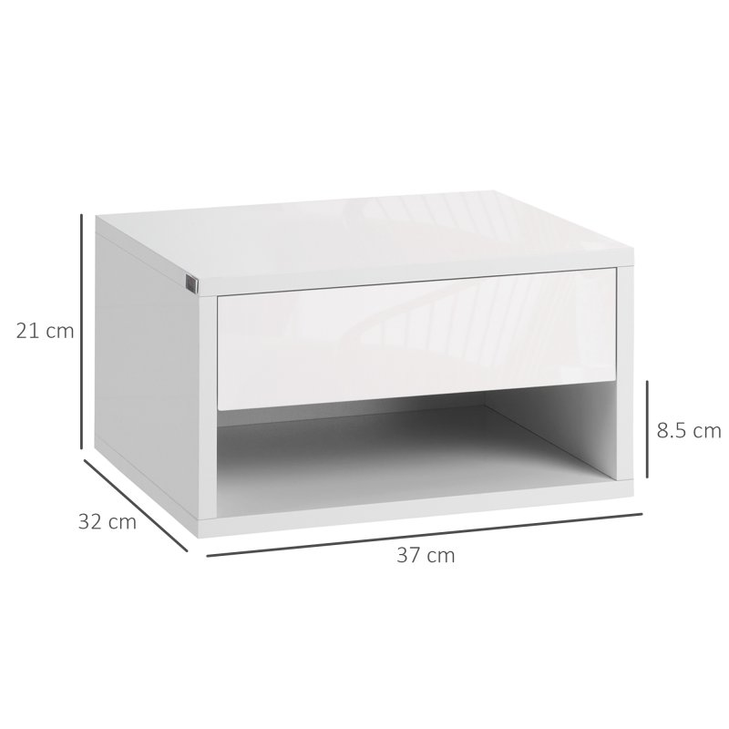 HOMCOM Floating Bedside Table Set of 2 Wall Mounted Nightstand with Storage Drawer and Open Shelf for Bedroom, High Gloss White