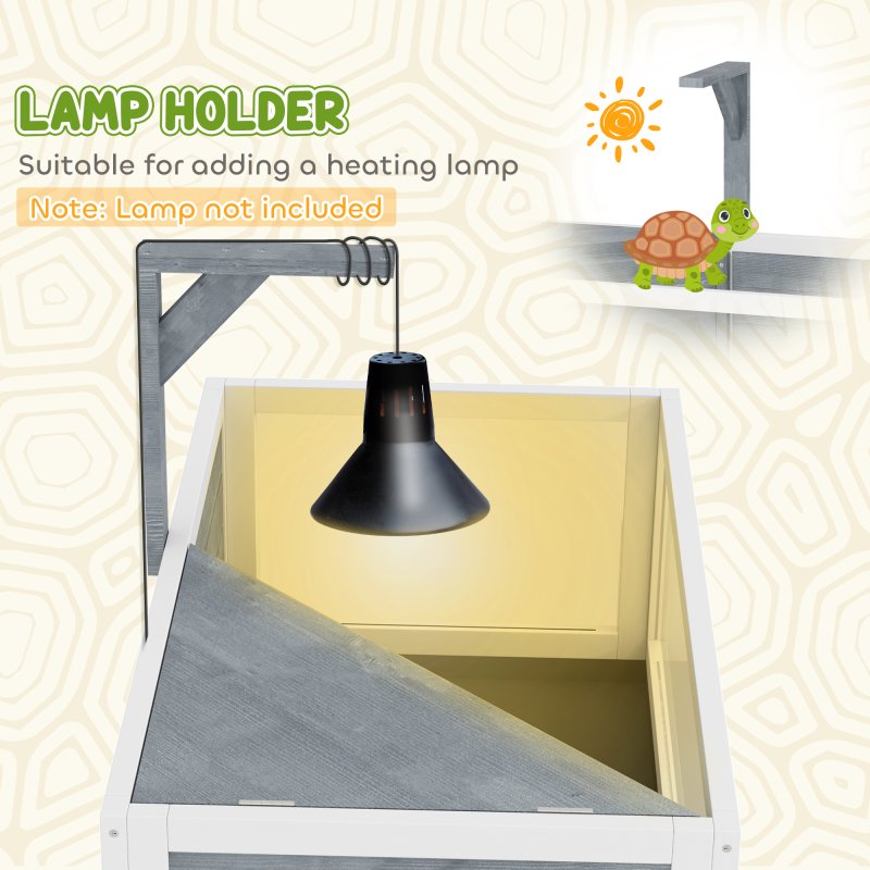 PawHut Wooden Tortoise House with Storage Shelf, Tortoise Enclosure Habitat with Clear Windows, Lamp Holder, Openable Top, Built-in Tray, for Indoor Use, Grey