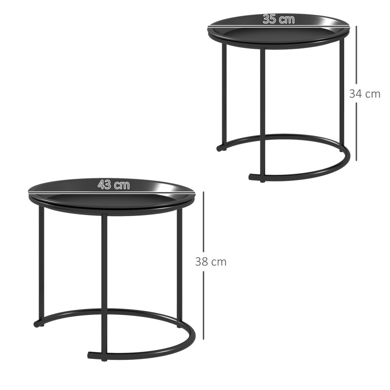 HOMCOM Nesting Tables Set of 2, Side End Table with Removable Tabletop Tray and Steel Frame for Living Room, Bedroom, Black