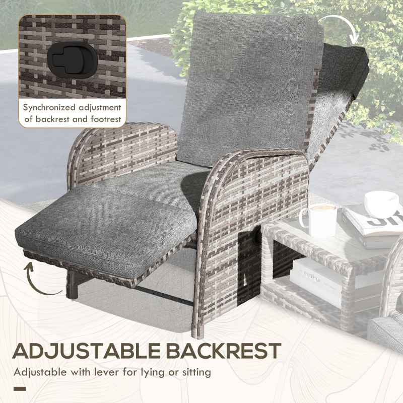 Outsunny 3 Pieces Rattan Bistro Set, Wicker Balcony Furniture Set with Reclining Sun Loungers, 2-Tier Coffee Table and Cushions, 2 Seater Garden Furniture for Outdoor Patio Balcony, Brown
