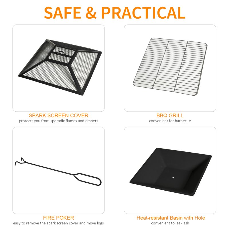 Outsunny Outdoor 3 in 1 Square Fire Pit Brazier with BBQ Grill, Metal Large Firepit with Lid, Log Grate, Poker for Backyard, Camping, Bonfire, Wood Burning Stove, 86 x 86 x 38cm, Black