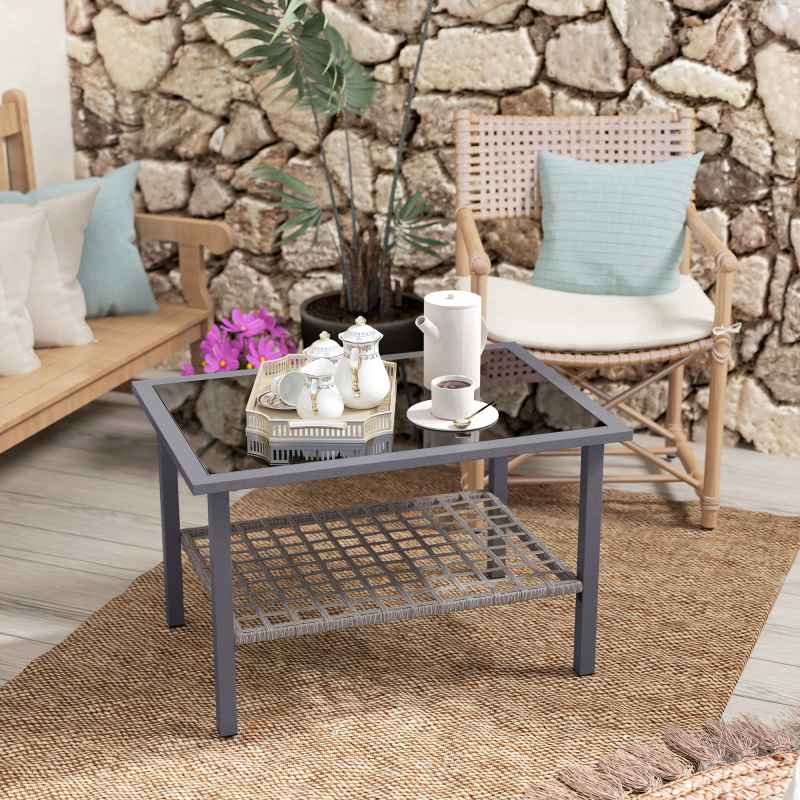 Outsunny Outdoor Rattan Coffee Table, Rectangular Tea Side Table with Tempered Glass Top, Storage Shelf, Foot Pads, Garden Furniture for Patio, Balcony, Mixed-grey