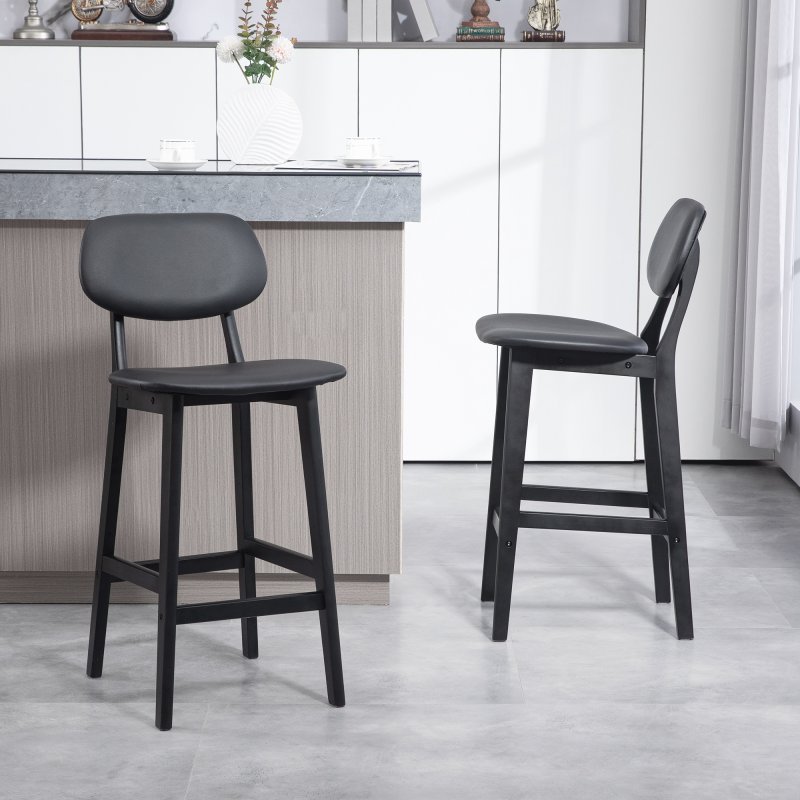 HOMCOM Bar Stools Set of 2, Breakfast Bar Chairs, PU Leather Upholstered Kitchen Stools with Backs, Footrests and Solid Wood Legs, Black
