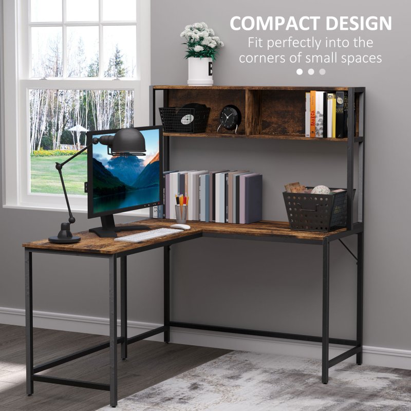 HOMCOM L Shaped Desk with Book Shelf, Industrial Corner Computer Desk, Writing Table with Steel Frame for Home Office, Bedroom, Study Room, 140 x 125cm, Brown