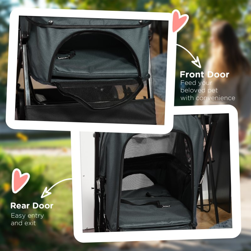 PawHut Dog Stroller, Pet Stroller, Foldable Dog Cat Travel Pushchair with Reversible Handle, EVA Wheels, Brake, Basket, Adjustable Canopy, Safety Leash, for Small Dogs, Grey