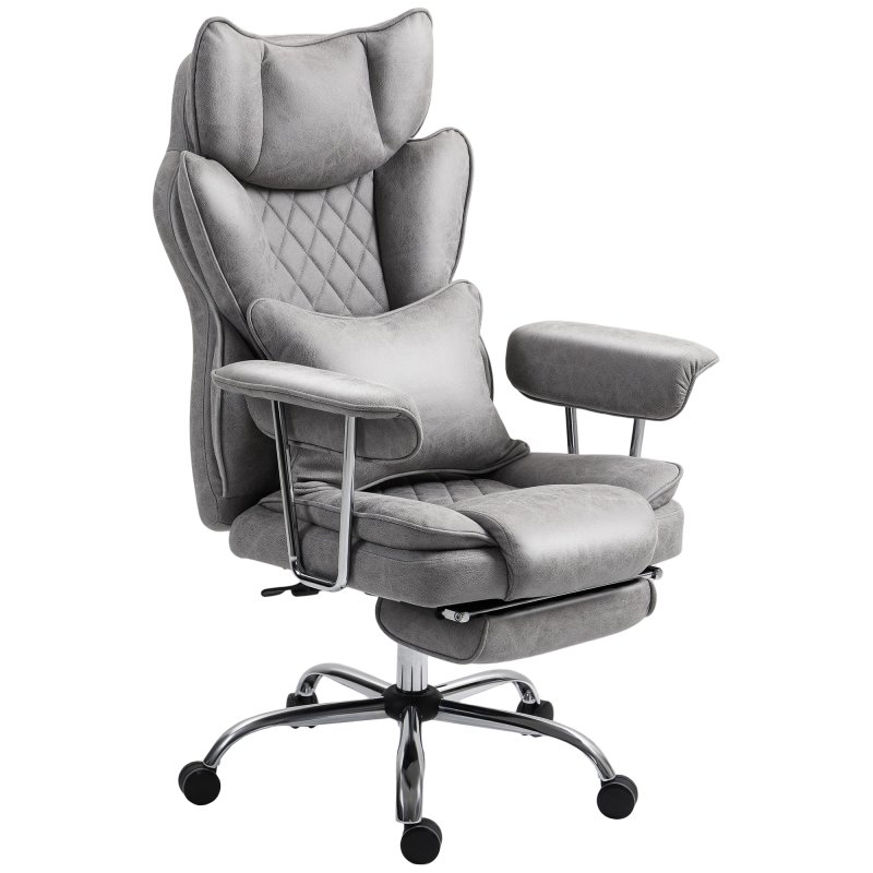 HOMCOM Executive Office Chair, Leathaire Reclining Computer Desk Chair with Lumbar Support Pillow, Built-in Headrest, High Back, Footrest, Silent Swivel Wheels, Armrest for Home, Grey