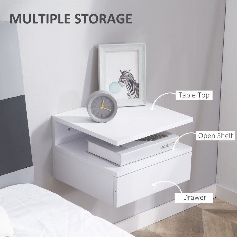 HOMCOM Floating Bedside Table Set of 2, Wall Mount Nightstands with Storage Drawer and Open Shelf for Bedroom, White
