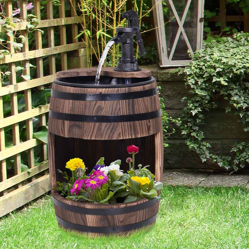 Outsunny Barrel Garden Water Feature with Electric Pump, Wooden Waterfall Fountain Garden Decorative Ornament with Flower Planter Decor