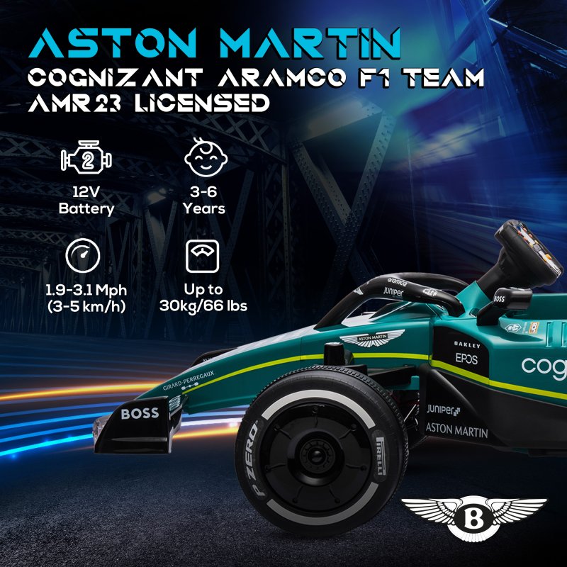 AIYAPLAY Aston Martin Licensed 12V Electric Go Kart, Kids Racing Kart with Bluetooth, 4 Suspension Wheels, Remote Control, Music Lights Horn, for 3-6 Years, Green