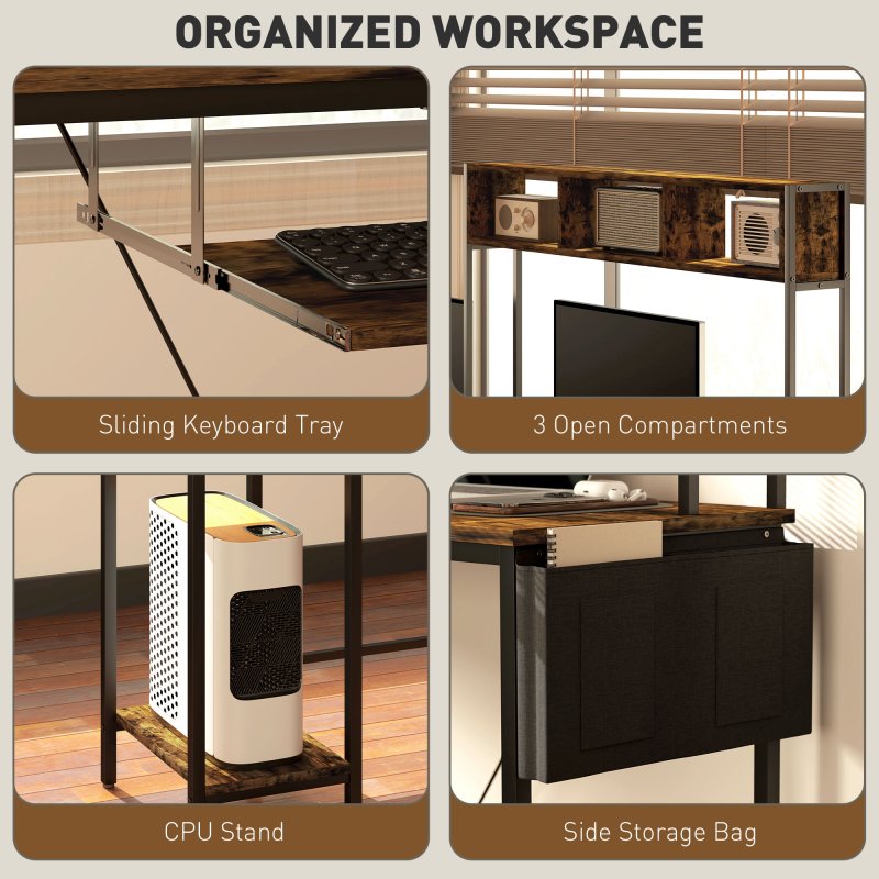 HOMCOM 160cm Reversible L Shaped Desk with Power Outlet, Industrial Corner Desk with Storage Shelves and Keyboard Tray, 240cm Long Computer Desk for 2 Person, Rustic Brown