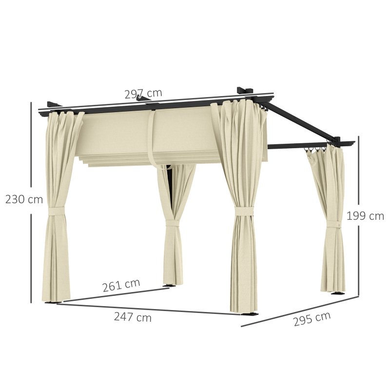 Outsunny 3 x 3(m) Metal Pergola with Retractable Roof and Sidewalls, Garden Gazebo UPF30+ Sun Shade Shelter for Outdoor, Patio, Deck, Beige
