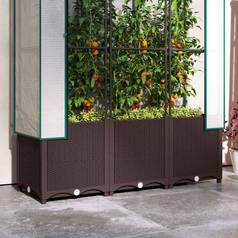 Outsunny Raised Garden Bed with Trellis, Plastic Planter Box with PE Cover, Drainage Holes, Drain Plugs and Water Reservoirs for Climbing Plants, Vegetables, Flowers, 120 x 40 x 140 cm