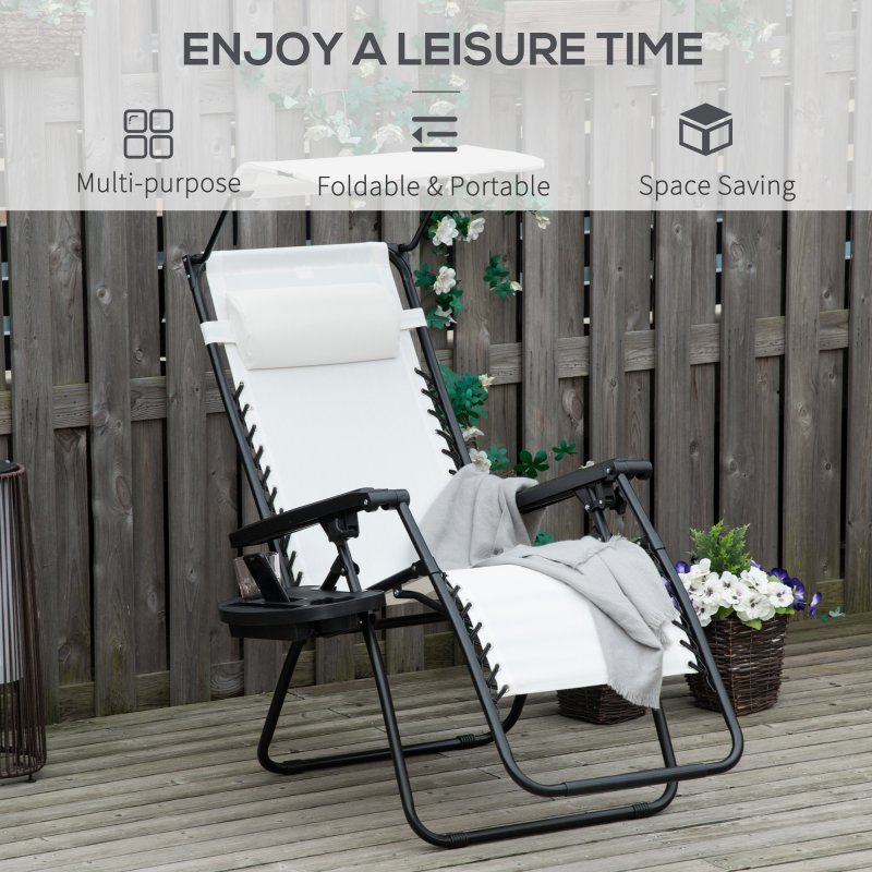 Outsunny Foldable Reclining Garden Chair with Headrest, Zero Gravity Deck Sun Lounger Seat Chair with Footrest, Armrest, Cup Holder & Canopy Shade, White