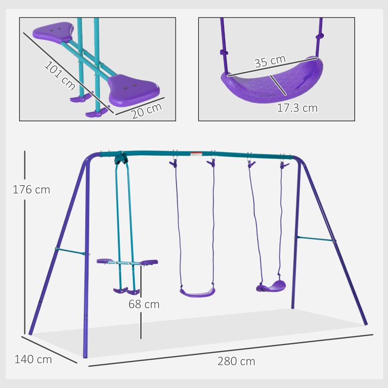 Outsunny Metal Garden Swing Set Height Adjustable Children Outdoor Backyard Play Set for Toddlers Over 3 Years Old, Purple