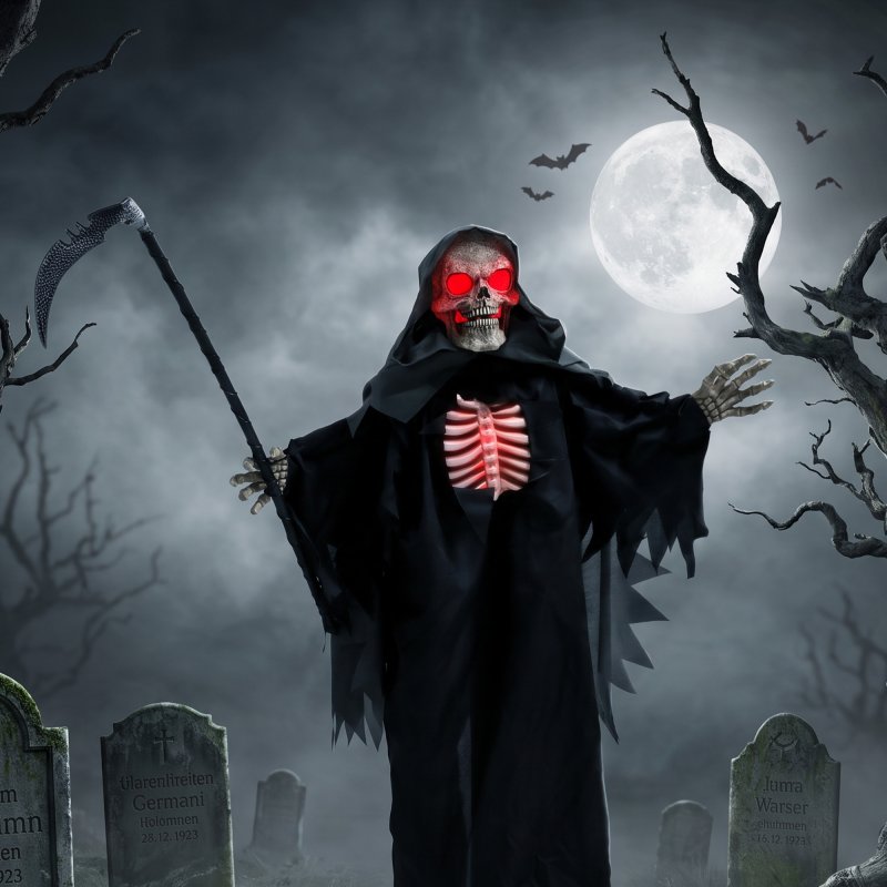 HOMCOM 67"/170cm Life Size Animated Grim Reaper Halloween Decorations Outdoor Indoor, Scary Halloween Animatronics Decor with Sound Touch Activated, Animated Prop with Light Up Eyes for House Garden