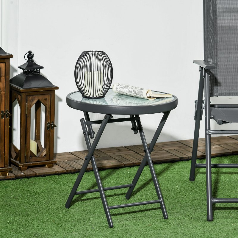 Outsunny ??45cm Garden Side Table, Outdoor Round Folding Patio Table with Imitation Marble Glass Top, Small Coffee Table, White