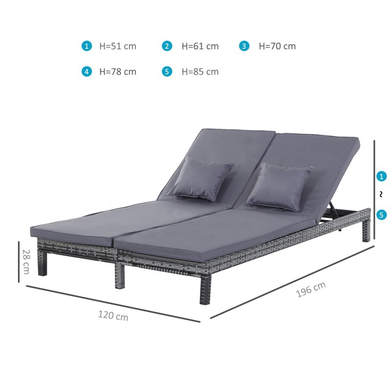 Outsunny Double Rattan Sun Lounger, Garden Daybed with 5-Level Adjustable Backrest, Outdoor Lounge Sunbed with Cushion and Pillows, 2 Seater Wicker Patio Furniture, Grey