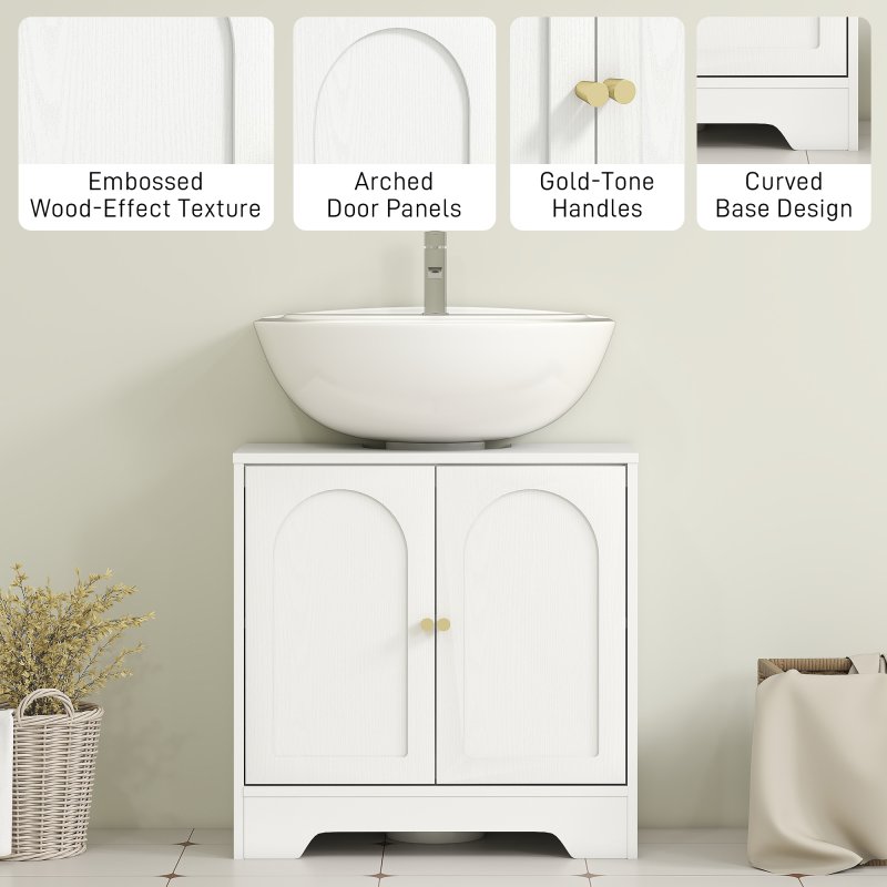 HOMCOM Under Sink Bathroom Cabinet, Freestanding Under Sink Cabinet with 2 Arch Doors and Adjustable Shelf for Basin without or with Pedestal, White