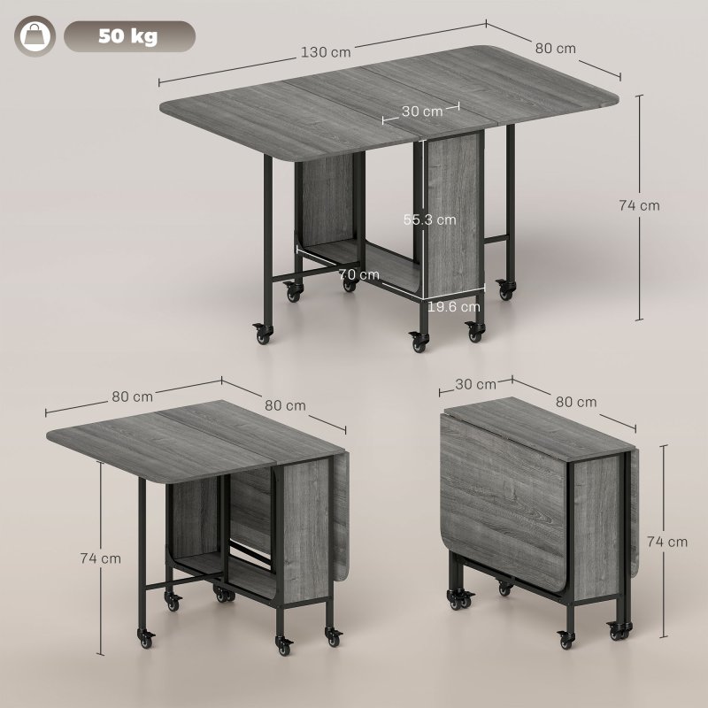 HOMCOM Mobile Drop Leaf Table, Folding Dining Table with 6 Wheels & Storage Shelf for Small Spaces, Kitchen, Dining Room