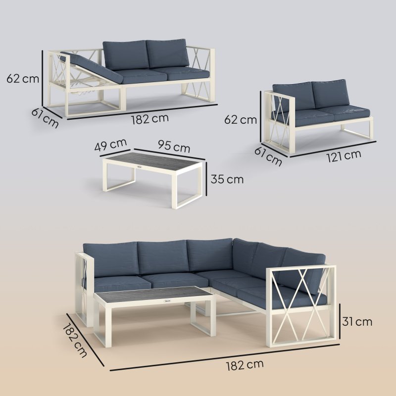 Outsunny 4 Piece L Shaped Garden Furniture Set with 5-Level Adjustable Lounger, 5 Seater Sectional Outdoor Sofa Set with 2 Loveseats, Corner Chair, DPC Coffee Table and Removable Thick Cushions, Grey