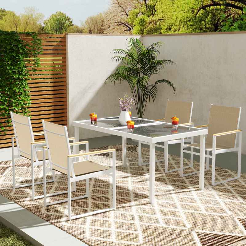 Outsunny 5 Piece Garden Table and Chairs, Outdoor Dining Set with Tempered Glass Table Top, 4 Armchairs with High Backrest, 4 Seater Garden Furniture Set for Deck, Balcony