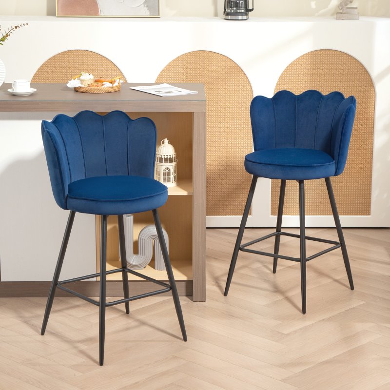 HOMCOM Bar Stools Set of 2, Modern Velvet-Feel Barstools with Petal Backrest and Footrest, Upholstered Breakfast Bar Chairs with Metal Legs for Kitchen Island Counter, Dining Room, Dark Blue