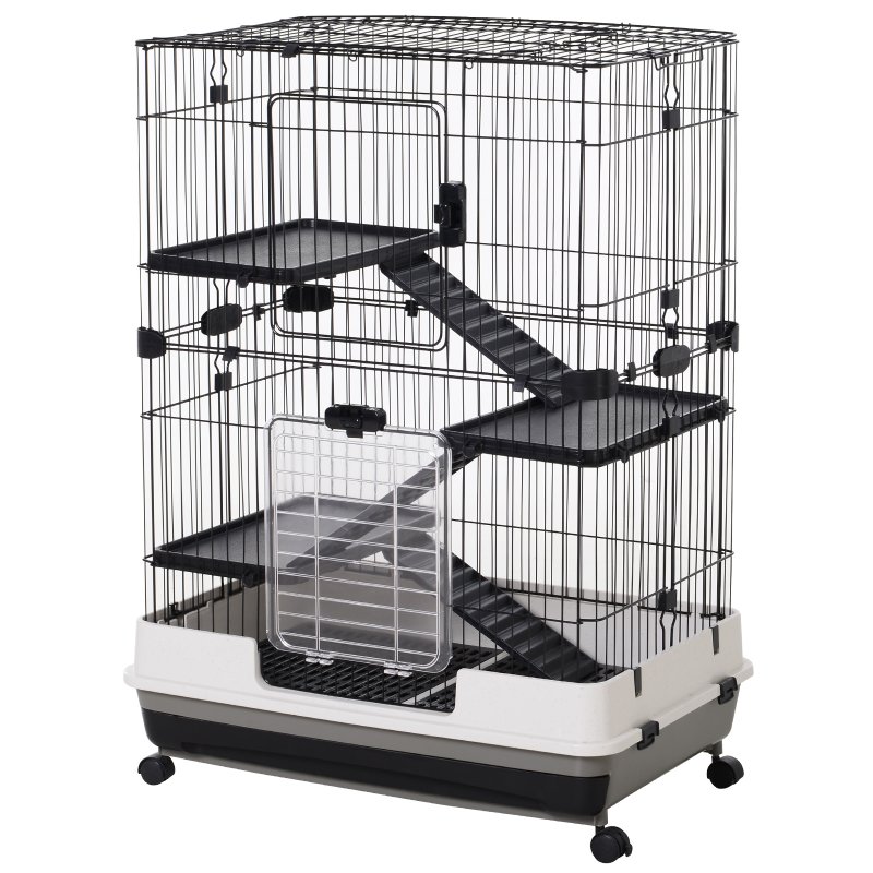 PawHut 4-Level Small Animal Cage, Indoor Bunny House, for Ferrets, Chinchillas w/ Wheels, Slide-Out Tray, Black, 81 x 52.5 x 114 cm