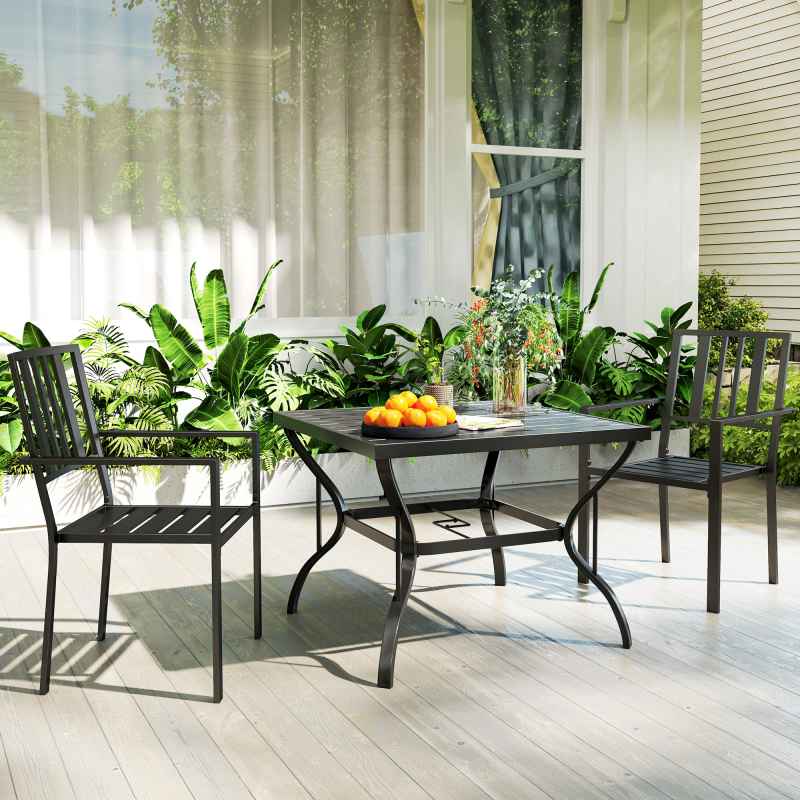 Outsunny Set of 2 Garden Chairs, Stackable Outdoor Chairs with Metal Slatted Seat & Backrest, for Yard, Garden, Black