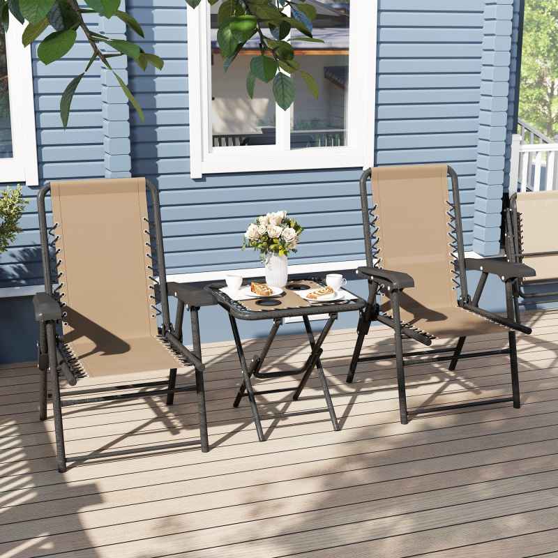 Outsunny 3 Pieces Garden Bistro Set, Folding Table and Chairs Set, Metal Garden Furniture Set with Cup Holders for Outdoor, Patio, Balcony, Khaki