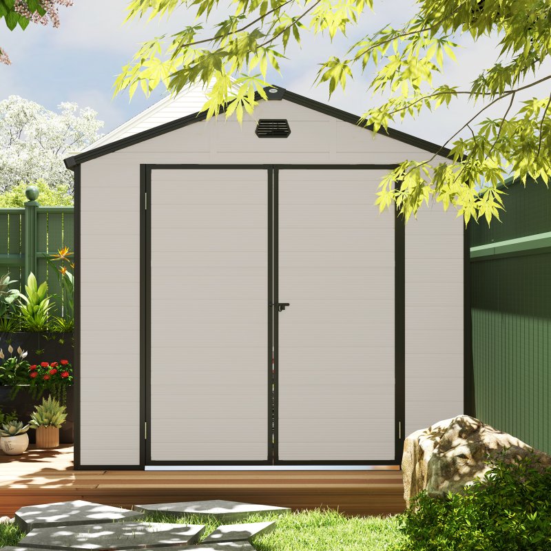 Outsunny 8 x 6ft Plastic Garden Storage Shed with Foundation Kit, Polypropylene Outdoor Storage Tool House with Ventilation Slots and Lockable Door, Cream White