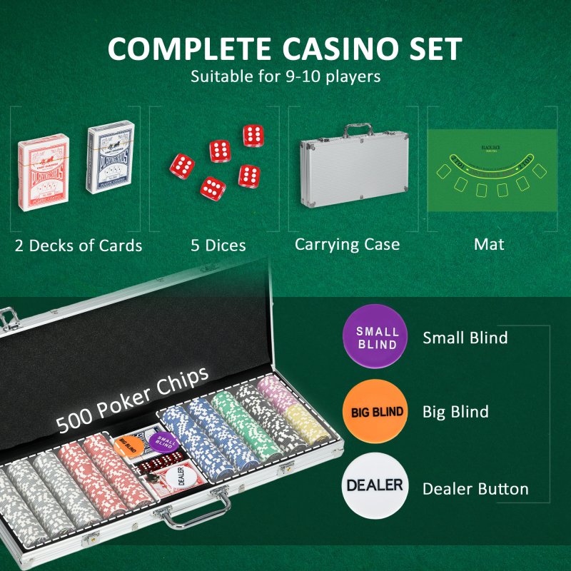 SPORTNOW 500-Piece Poker Chips Set with Aluminium Case, Holdem Poker Set with Mat, 11.5g Numbered Poker Chips, Two Decks of Cards, Dealer, Five Dices