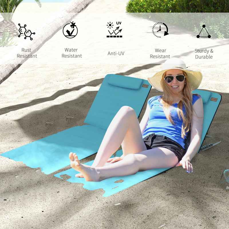 Outsunny Set of 2 Foldable Garden Beach Chair Mat Lightweight Outdoor Sun Lounger Seats Adjustable Back Metal Frame PE Fabric Head Pillow w/ Carry Bag, Light Blue