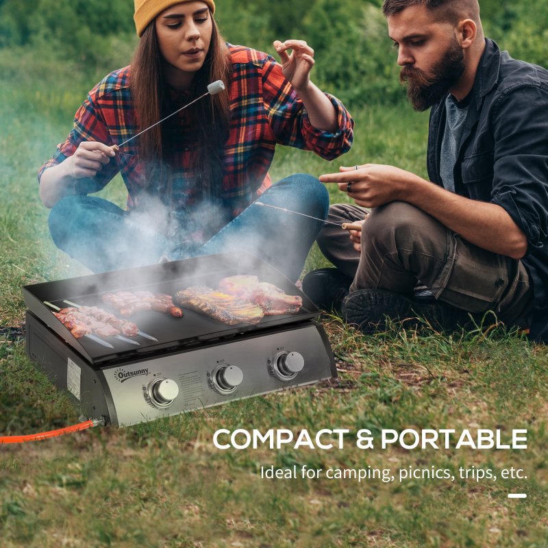 Outsunny Gas Plancha Grill with 3 Stainless Steel Burner, 7.5kW, Portable Tabletop Gas BBQ with Non-Stick Griddle and Lid for Camping Picnic Garden Party Festival