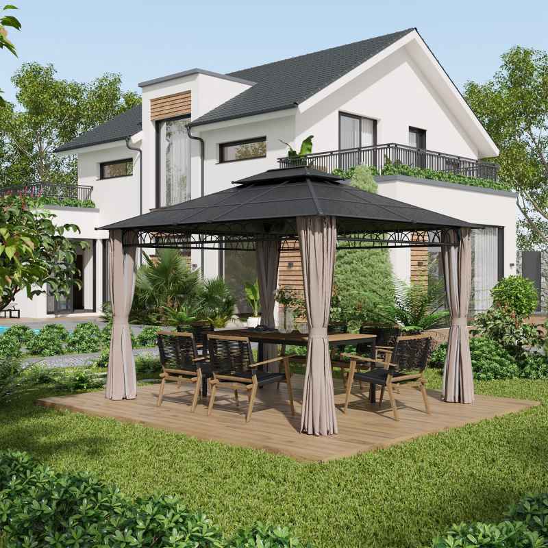 Outsunny 3.6 x 3 (m) Outdoor Polycarbonate Gazebo, Double Roof Hard Top Gazebo with Galvanised Steel Frame, Nettings & Curtains for Garden, Lawn, Patio and Deck