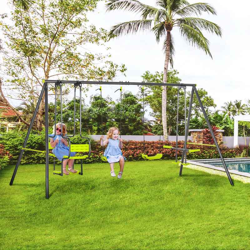 Outsunny Garden Swing Set, Kids Swing with Double Swings, Glider, Swing Seats, for Outdoor, Playground, for Ages 3-8 Years - Green