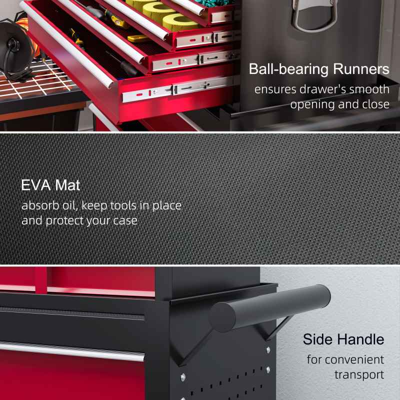 HOMCOM 2 in 1 Rolling Tool Cabinet on Wheels with 14 Drawers, Pegboard and Side Rack, Lockable Top Tool Chest and Roller Cabinet Combo for Workshop and Home, Red