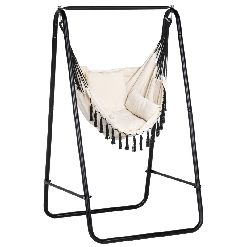 Outsunny Patio Hammock Chair with Stand, Outdoor Hammock Swing Hanging Rope Chair with Cushion, Armrest, Hooks, Cream White