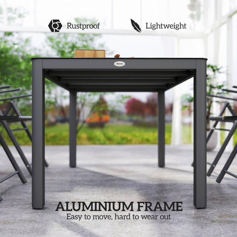 Outsunny Outdoor Dining Table for 6 People, 150 x 88 cm Rectangular Garden Table with Aluminium Frame, Tempered Glass Top and Height-Adjustable Feet for Balcony, Porch, Terrace, Grey