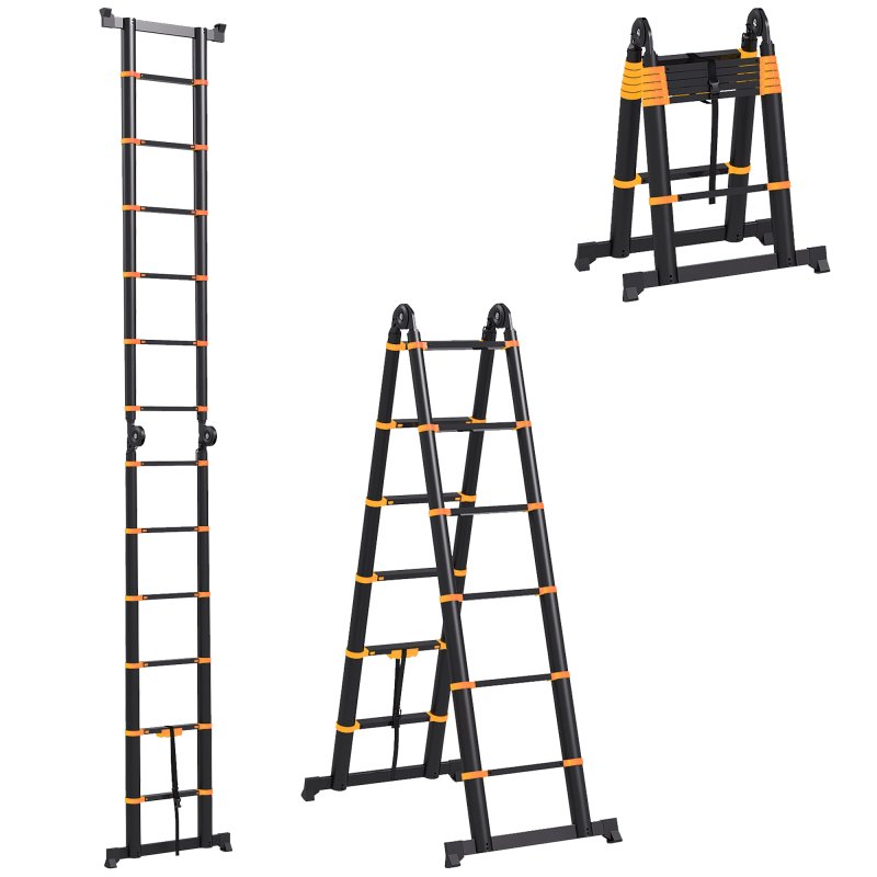 HOMCOM 3.8M Duo Aluminium Ladder with 12 Non-Slip Steps, Tool Holder Herringbone Deployed Extendable DIY with Climbing Platform, Yellow