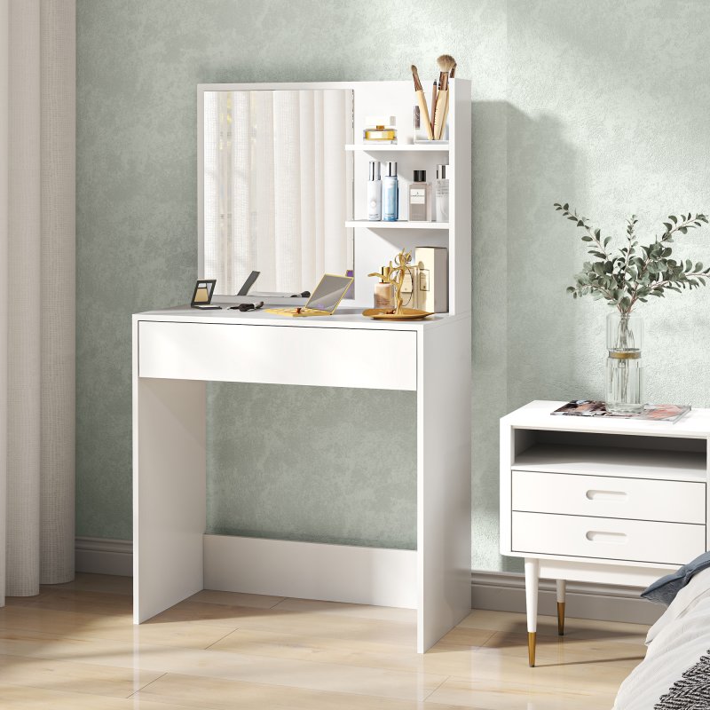HOMCOM Dressing Table with Mirror, Modern Vanity Desk with Drawer and 3 Open Shelves, Makeup Desk for Bedroom, White