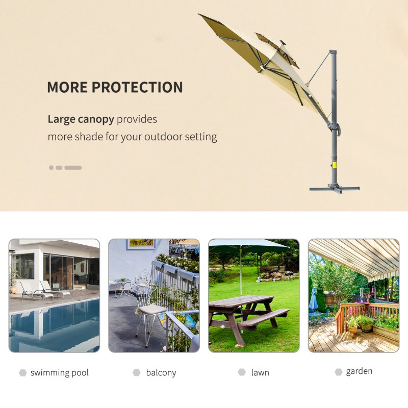 Outsunny 3(m) Cantilever Roma Parasol with LED Solar Lights, Crank & Tilt, Aluminium Frame, Cross Base and Adjustable Canopy 360° Rotating Sun Umbrella with 2-Tier Shade, Beige